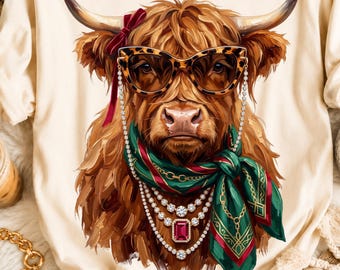 Western Glam Highland Cow PNG, Boujee Highland Cow Design, Rhinestone Cowgirl Sublimation, Trendy Christmas Highland Cow, Boutique Shirt PNG