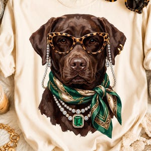 May include: A cream-colored t-shirt featuring a graphic of a brown Labrador retriever wearing leopard print cat-eye glasses with a crystal chain, a green and gold patterned silk scarf, and a layered crystal necklace with a large emerald-cut green stone.