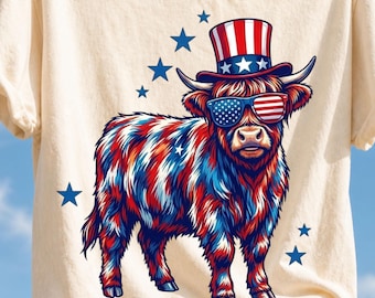 Vaca de las Tierras Altas del 4 de julio png, 250 aniversario png, 4 de julio occidental png, bandera estadounidense png, vaca de las Tierras Altas patriótica, 4 de julio para niños