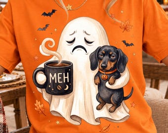 Café fantasma de perro salchicha gruñón png, Halloween divertido meh png, Gráfico de perro salchicha fantasma negro png
