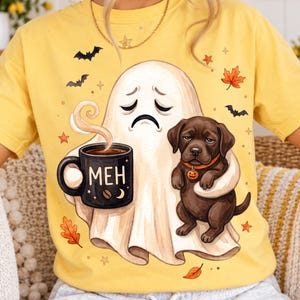 Grumpy Ghost Lab Coffee PNG, Funny Meh Halloween PNG, Chocolate Lab Ghost Graphic PNG