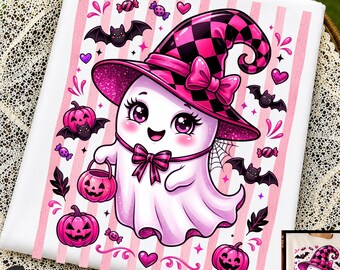 Fantasma rosa de Halloween PNG, Fantasma coqueto y lindo para sublimación, Imágenes prediseñadas de calabaza rosa, Diseño de lazo para la temporada espeluznante, Halloween femenino PNG