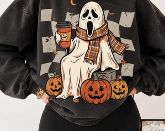 Ghost Coffee PNG, Ghostfac Shirt Design, Spooky Season, Halloween Ghost Pumpkin Sublimation, Fall Beanie Ghost Clipart, Trendy Halloween Png
