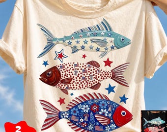 Patriotic Fish Png, Red White and Blue Png, Bass Fishing Png, Stars 4th of July Shirt Design, Floral Summer Lake Png