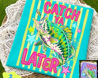 Nos vemos luego Pesca de lubina PNG, Diseño de camiseta de pesca de verano, Gráfico de pesca en tonos pastel, Diseño de rayas de lago costero estilo preppy, PNG de sublimación