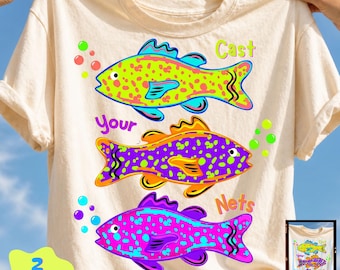 Echa tus redes PNG, Neon Summer Faith PNG, Neon Fish, Descarga digital cristiana, Preppy Fish PNG