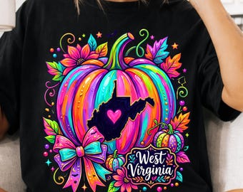 West Virginia Pumpkin PNG, Fall Wv Png, Neon Fall Sublimation, Coquette Pumpkin Bow Shirt Design, Fall Png Designs Girly, Pink Coquette Fall