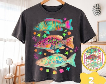 Diseño de sublimación de lubina en PNG estilo preppy para playa costera, descarga digital colorida y maximalista de océano veraniego, PNG de vacaciones de verano