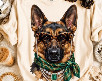 Glam German Shepherd PNG, Boujee Dog Shirt Design, Bling Fashion Pet Lover Sublimation, Leopard Animal Mascot Png, Boutique Shirt PNG