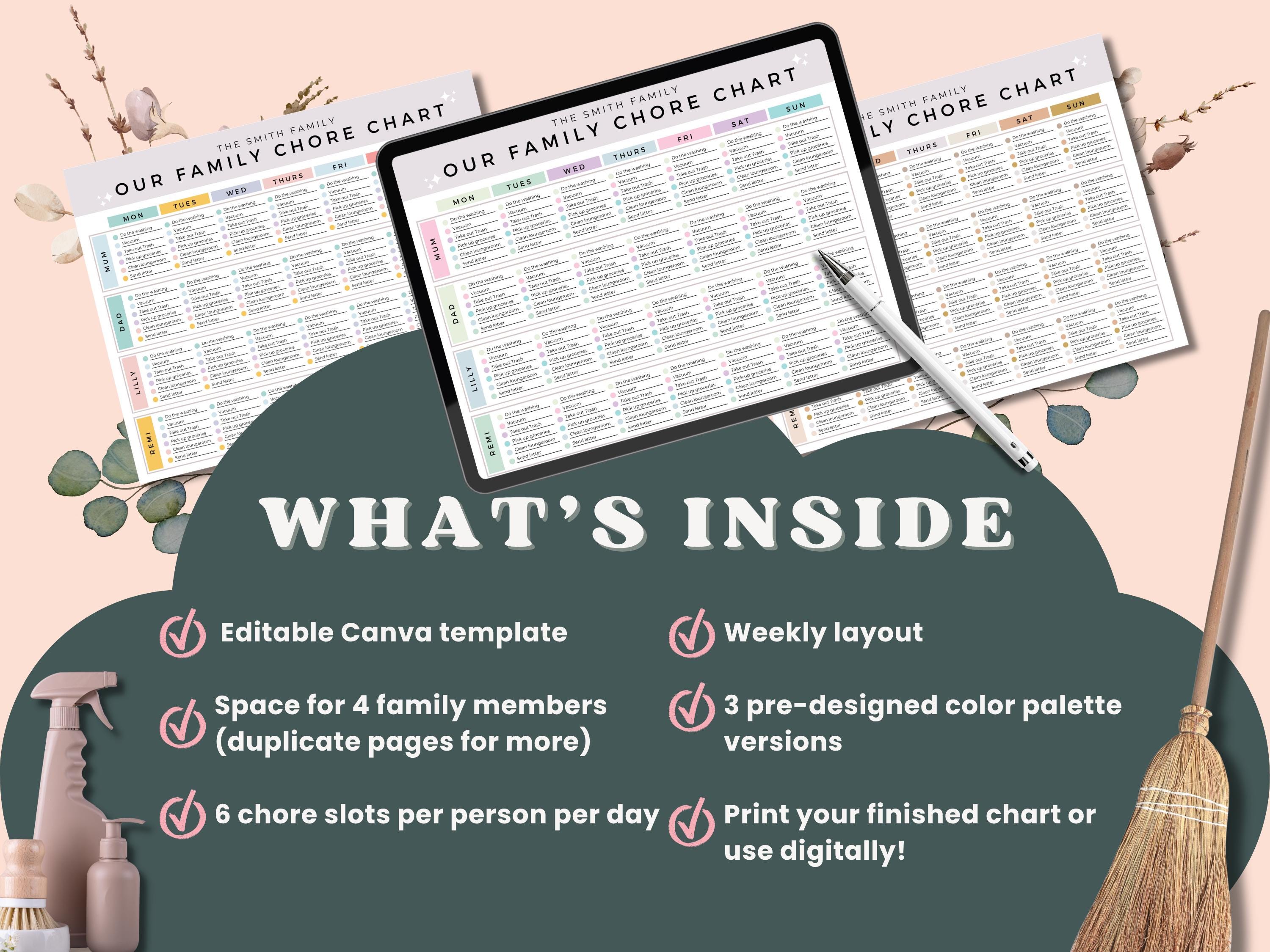 Editable Canva Family Chore Chart Template, Kids Weekly Cleaning ...
