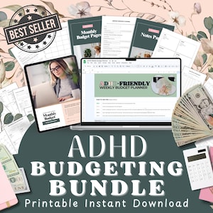 May include: An ADHD budgeting bundle with a laptop, tablet, and printed pages. The image includes a calculator, cash, and a pink notebook with a gold pen. Text includes "ADHD BUDGETING BUNDLE" and "Printable Instant Download."