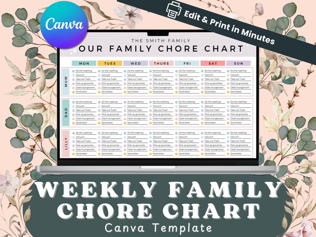 Editable Canva Family Chore Chart Template, Kids Weekly Cleaning ...