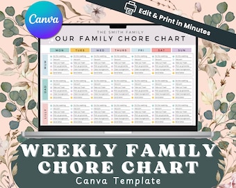 Modello di tabella delle faccende domestiche familiari modificabile per Canva, programma settimanale di pulizia per bambini (download digitale)