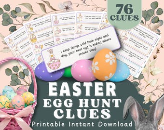 Peut inclure: Une composition numérique sur le thème de Pâques avec un panier rose rempli d'œufs décorés, des cartes d'indices et des œufs colorés. Le texte "EASTER EGG HUNT CLUES", "76 CLUES" et "Printable Instant Download" est visible.