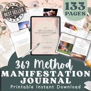 May include: A digital download featuring a 369 Method Manifestation Journal. The journal includes 133 pages and is advertised as a printable instant download. The image includes a tablet, open journal pages, and the text "Best Seller".