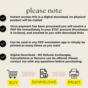 May include: Cream-colored digital download information sheet with the text "please note." Includes icons for a shopping cart, document download, and printer, with the words "BUY," "DOWNLOAD," and "PRINT."