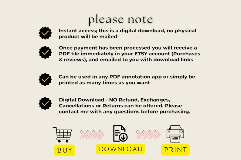 May include: Cream-colored digital download information sheet with the text "please note." Includes icons for a shopping cart, document download, and printer, with the words "BUY," "DOWNLOAD," and "PRINT."