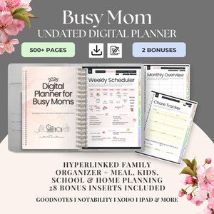 以下が含まれることがあります： 「Busy Mom」と書かれたデジタルプランナー。テキストは「2026 Digital Planner for Busy Moms」です。プランナーには、週間スケジュール、月間概要、タスクトラッカーが含まれています。500ページ以上、2つのボーナスがあり、Goodnotes、Notability、Xodo、iPad向けに設計されています。