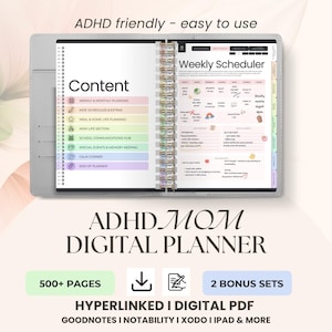 May include: A digital planner with a gray cover, open to reveal content and weekly scheduler pages. The planner is labeled "ADHD MOM DIGITAL PLANNER" and includes the text "ADHD friendly - easy to use." Additional text includes "500+ PAGES," "2 BONUS SETS," and "HYPERLINKED I DIGITAL PDF."