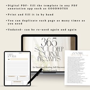 May include: Digital journal prompts for emotional healing, self-discovery, and personal growth. The image shows a tablet and a laptop displaying journal pages and prompts. A pen is placed on the surface. The text includes "365 Soul-Deep Journal Prompts."
