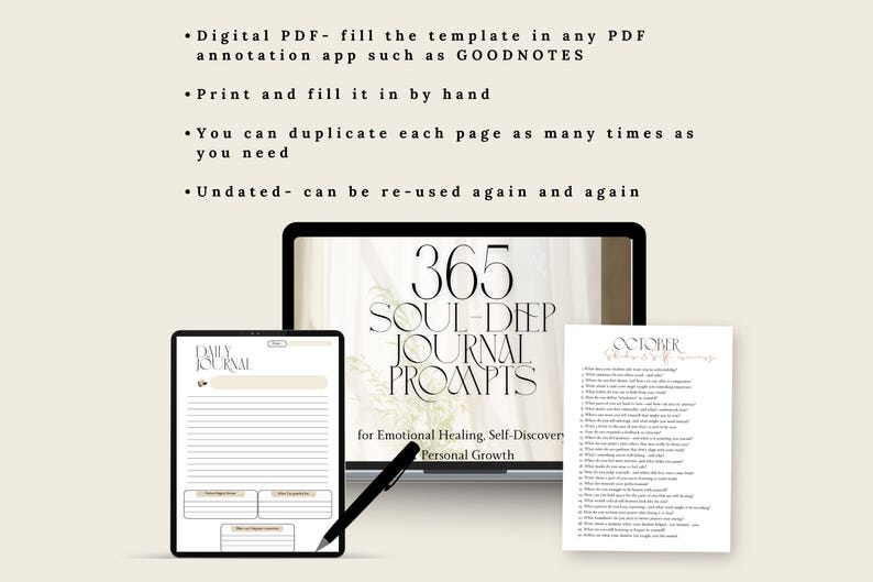 May include: Digital journal prompts for emotional healing, self-discovery, and personal growth. The image shows a tablet and a laptop displaying journal pages and prompts. A pen is placed on the surface. The text includes "365 Soul-Deep Journal Prompts."