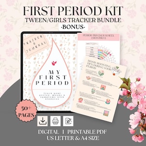 May include: A digital First Period Kit for tweens and girls, including a tracker bundle. The kit features a journal, period tracker wheel, and mood-boosting tips. Includes over 50 pages, available in US Letter and A4 sizes.
