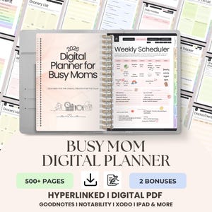 May include: A digital planner for busy moms, featuring a weekly scheduler and grocery list. The 2026 planner includes 500+ pages and 2 bonuses. The cover displays the text "2026 Digital Planner for Busy Moms" and "Designed for the chaos, created for the calm."