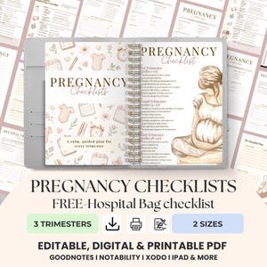 Puede incluir: Listas de verificación de embarazo digitales con una ilustración de acuarela de una persona embarazada. La lista de verificación incluye secciones para cada trimestre y una lista de verificación de la bolsa del hospital. La portada dice "Listas de verificación de embarazo".