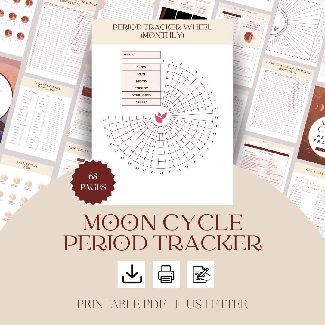 Period Cycle Tracker Printable Moon Phase Menstruation Tracking Symptom ...