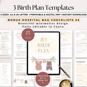 May include: A digital birth plan template with the text "3 Birth Plan Templates". The design includes a tablet displaying "My Birth Plan" and other pages with checklists. The design is minimalist with a soft color palette and floral accents.