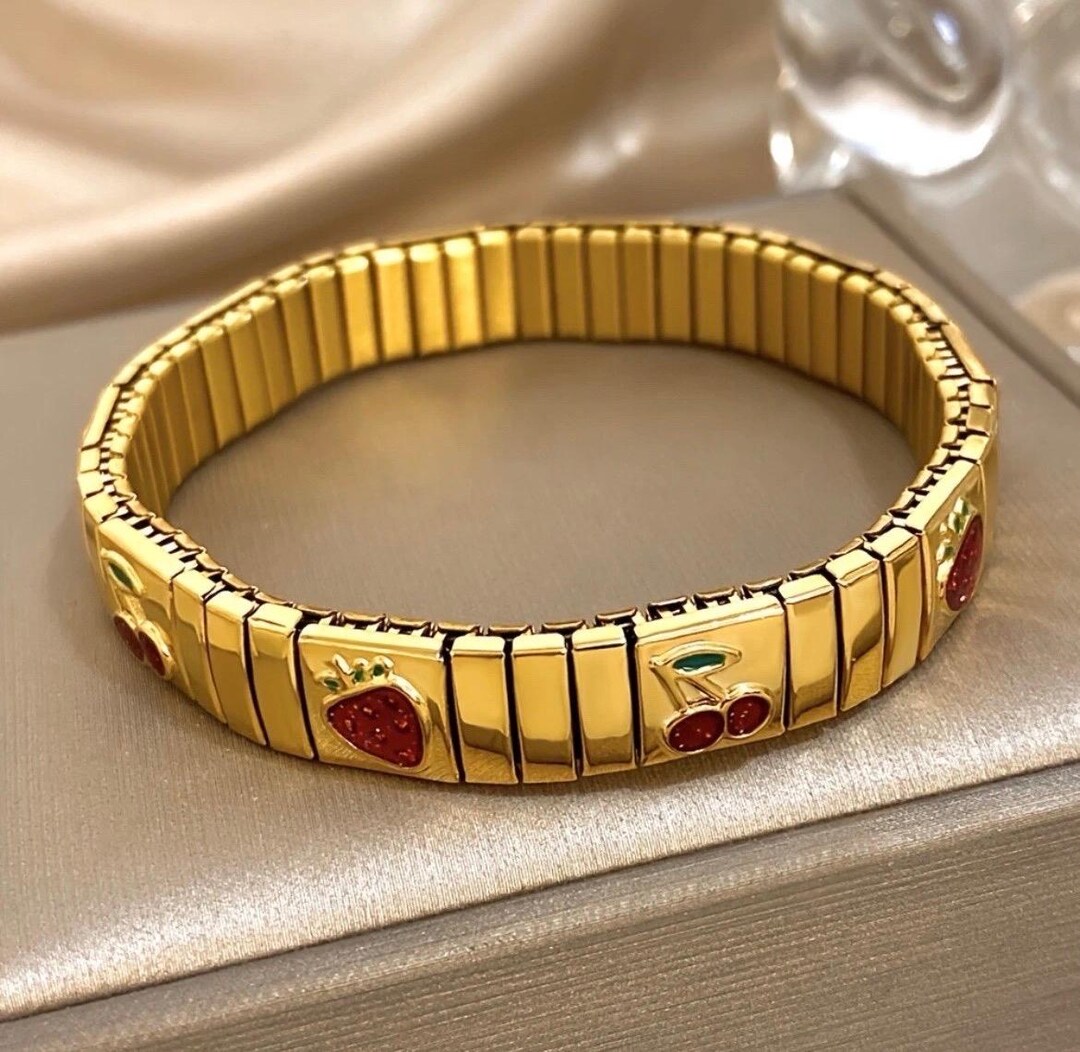Gold Plated Strawberry Cherry Bracelet – Elasticated Stainless Steel ...