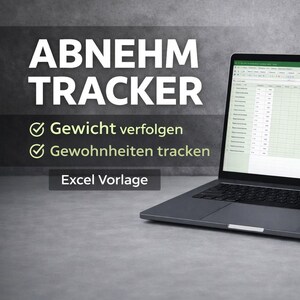Könnte beinhalten: Ein Laptop zeigt einen Gewichtsverlust-Tracker in einem Tabellenkalkulationsformat. Der Bildschirm zeigt ein Diagramm und Datentabellen. Der Text auf dem Bildschirm lautet "Gewicht verfolgen" und "Gewohnheiten tracken". Der Laptop steht auf einer grauen Oberfläche.