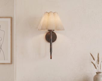 Handcrafted Antique Blackened Brass Wall Sconce with Pleated Fabric Shade - Elegant Mid-Century Modern Indoor Lighting for Home Decor