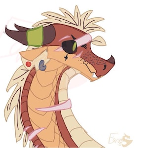 May include: A digital illustration of a dragon-like creature in tan, brown, and cream. The dragon has a green and brown headpiece, a black eye patch, and a small earring. The dragon's snout is speckled with brown.