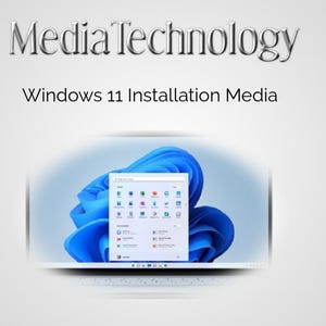Pode incluir: Um ecrã de computador exibe a interface do Windows 11, com formas abstratas azuis no fundo. Os textos "Media Technology" e "Windows 11 Installation Media" são exibidos no topo.