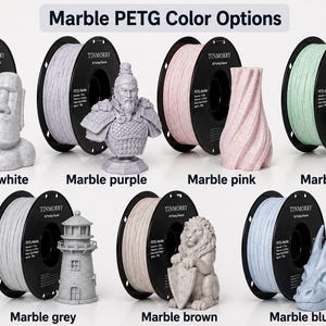May include: Image showcasing various 3D printing filament colors, including marble white, purple, pink, green, grey, brown, and blue. Each color is displayed with a 3D-printed model and a spool of filament. Text at the top reads "Marble PETG Color Options."