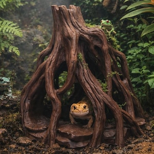 May include: A terrarium scene featuring a brown, tree-like structure, with a frog inside. Other frogs and vibrant green foliage create a natural, jungle-like setting. The image is rich in detail, suggesting a miniature ecosystem.