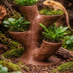 May include: A brown, tree-shaped planter with three tiers, each holding green plants and moss. A lizard perches on the top tier. The planter is set in a naturalistic environment with moss and soil.