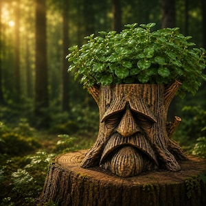 May include: A brown tree stump planter featuring a sculpted face with a prominent nose, moustache, and beard. The planter is filled with a dense cluster of small, vibrant green leaves that sprout from the top of the textured wooden surface.