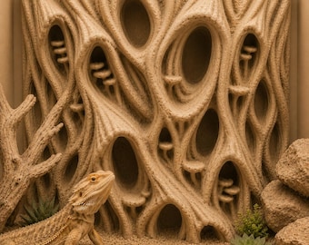 May include: A beige reptile habitat with a textured, tree-like background featuring multiple openings and small ledges. A bearded dragon lizard is in the foreground, with sand and small plants completing the scene.