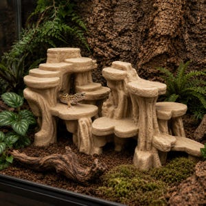 May include: Beige reptile habitat decor featuring a multi-level rock formation with a leopard gecko. The terrarium setup includes a naturalistic background, moss, and a piece of driftwood, creating a realistic environment for reptiles.