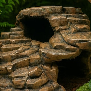 May include: A brown and tan aquarium decoration resembling a rock formation with a cave opening. The artificial rock has a textured surface and is designed to provide shelter for aquatic life. The background features green plants.