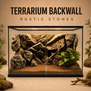 Puede incluir: Un terrario de cristal con una pared trasera texturizada con un diseño de piedra realista. El interior incluye sustrato marrón, un pequeño trozo de madera flotante y una planta verde. El texto "TERRARIUM BACKWALL RUSTIC STONES" aparece arriba.