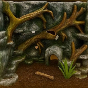 Könnte beinhalten: Ein detaillierter Terrariumhintergrund mit einem naturalistischen Design. Der Hintergrund zeigt eine strukturierte, graue, felsartige Struktur mit braunen Ästen, einer kleinen Höhle und einem Büschel grünes Gras. Die Basis ist mit braunem Substrat bedeckt.