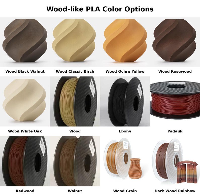 Pu&ograve; includere: Un'immagine che mostra varie opzioni di colore PLA effetto legno. L'immagine mostra campioni di diversi colori, tra cui Wood Black Walnut, Wood Classic Birch, Wood Ochre Yellow, Wood Rosewood, Wood White Oak, Wood, Ebony, Padauk, Redwood, Walnut, Wood Grain e Dark Wood Rainbow.