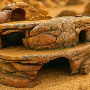 May include: A multi-level, brown resin reptile habitat with a cave-like design. The structure features multiple ledges, tunnels, and a textured surface, creating a naturalistic environment for small pets.
