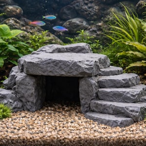 Puede incluir: Una estructura de roca artificial gris con una cueva y escalones, diseñada para un acuario. La escena incluye plantas verdes, grava y peces de colores nadando en el fondo, creando un hábitat submarino natural.