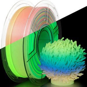 May include: Two spools of 3D printer filament in a clear plastic casing, one with a gradient of colors and the other with a mix of colors. A 3D-printed coral reef model is also visible, with a gradient of colors from yellow to blue.
