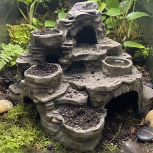 Può includere: Decorazione grigia a più livelli per terrario che assomiglia a una formazione rocciosa con più fioriere piene di terra. La struttura ha un'apertura a grotta e piccoli bacini d'acqua. Piante verdi e muschio circondano la decorazione, con piccole pietre sparse.