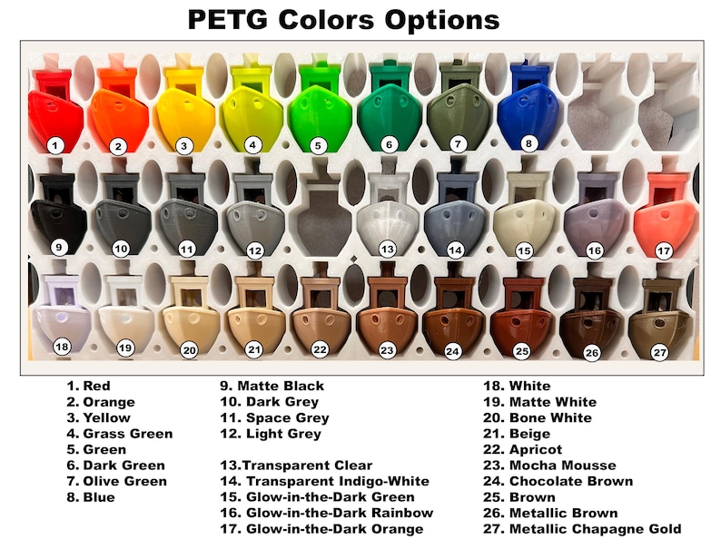 May include: A color chart displaying 27 PETG color options. The colors are arranged in rows and columns, with each color represented by a small, boat-shaped object. The colors include red, orange, yellow, green, blue, and various shades of gray, brown, and white. Text labels identify each color.